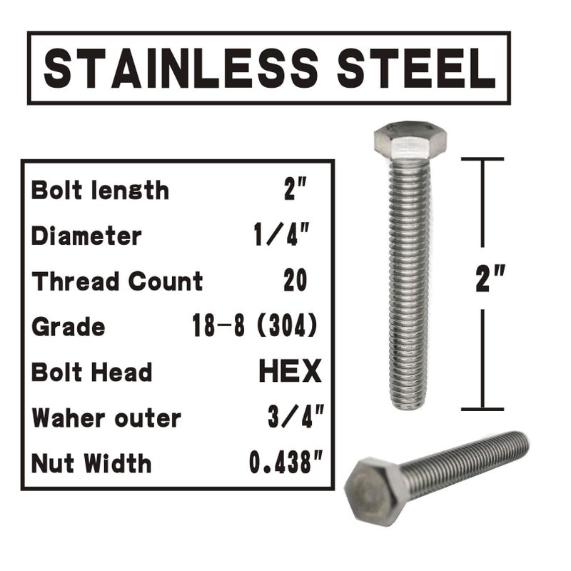 Fullerkreg (10 Sets) 1/4-20x2 Stainless Steel Hex Head Screws Bolts, Nuts, Flat & Lock Washers, 18-8 (304) S/S, Fully Threaded by Bolt Fullerkreg - Image 2